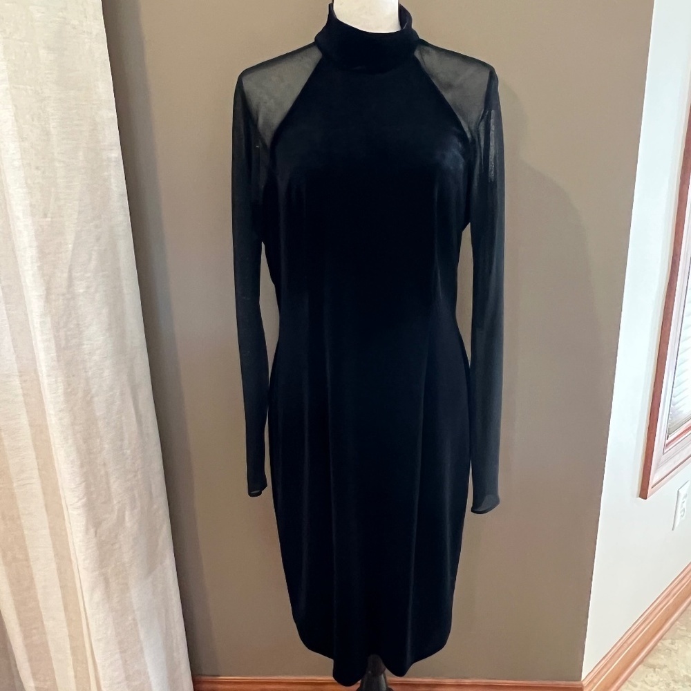 J.R. Nites by Caliendo Women's Evening Black Velvet Dress Sheer Sleeve, Size 14